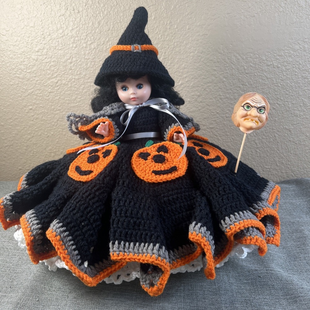 Vintage Crocheted Halloween Witch Bed Pillow Dresser Doll Dress Blue Eyes 17x16